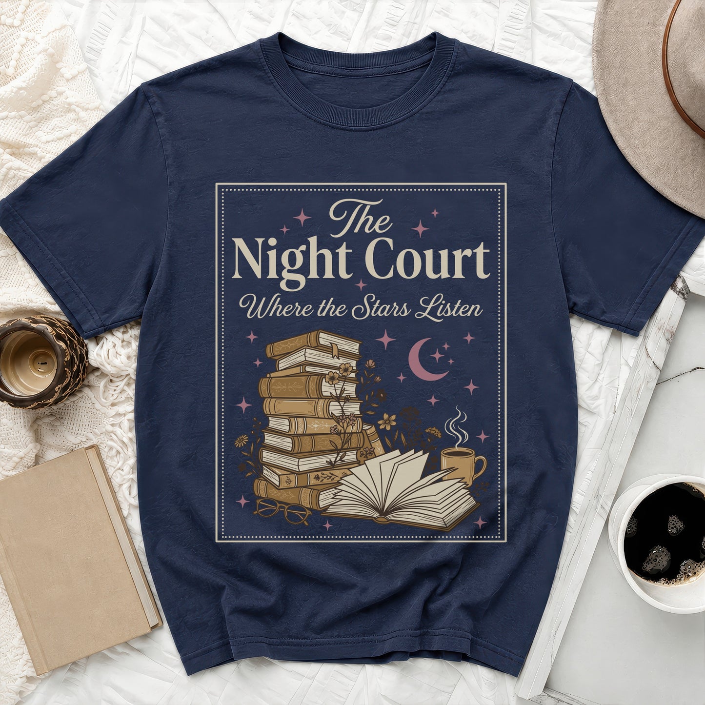 Navy t-shirt with a vintage book stack and "The Night Court Where the Stars Listen" design.