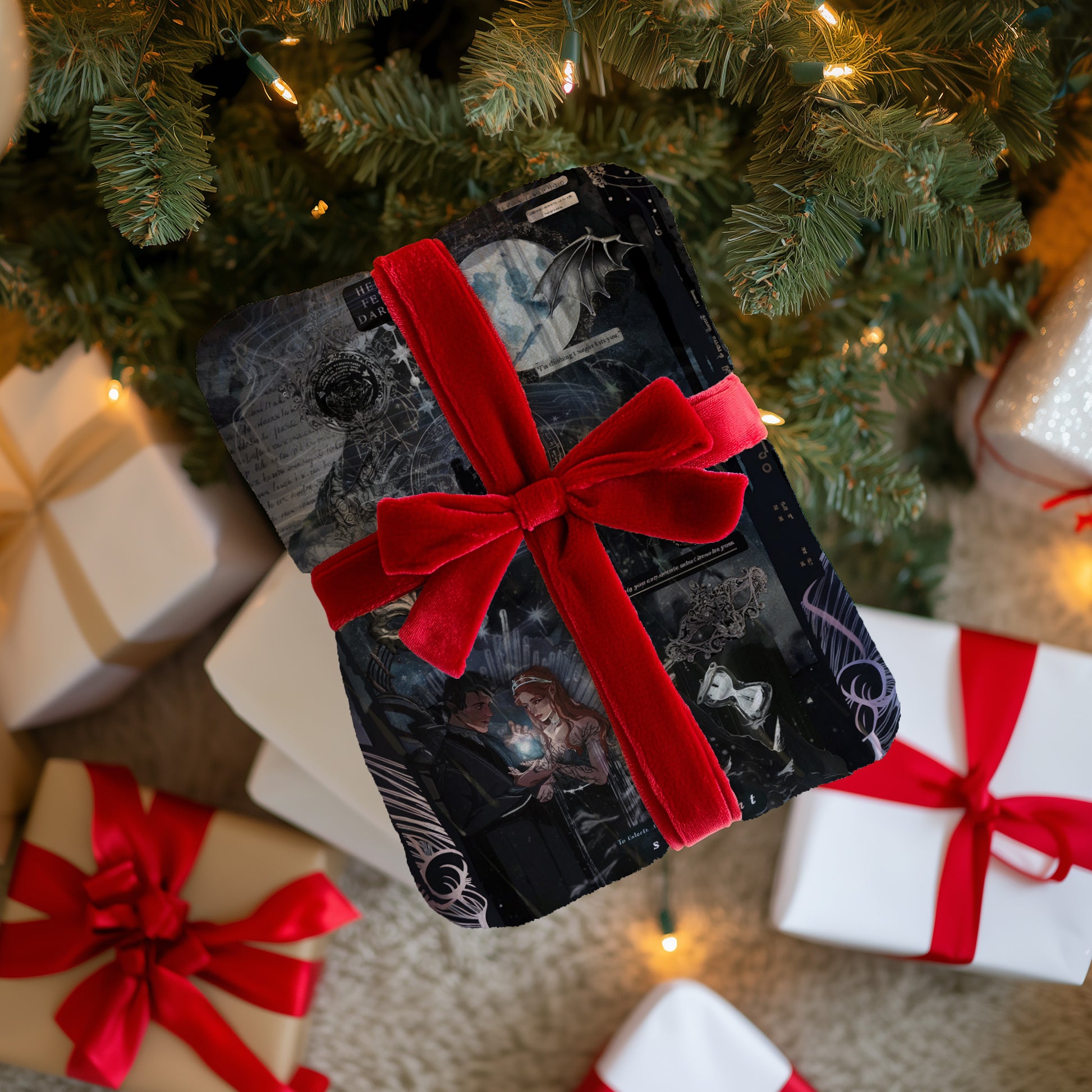 Festive Holiday Gift Wrapped in Red Bow Blanket