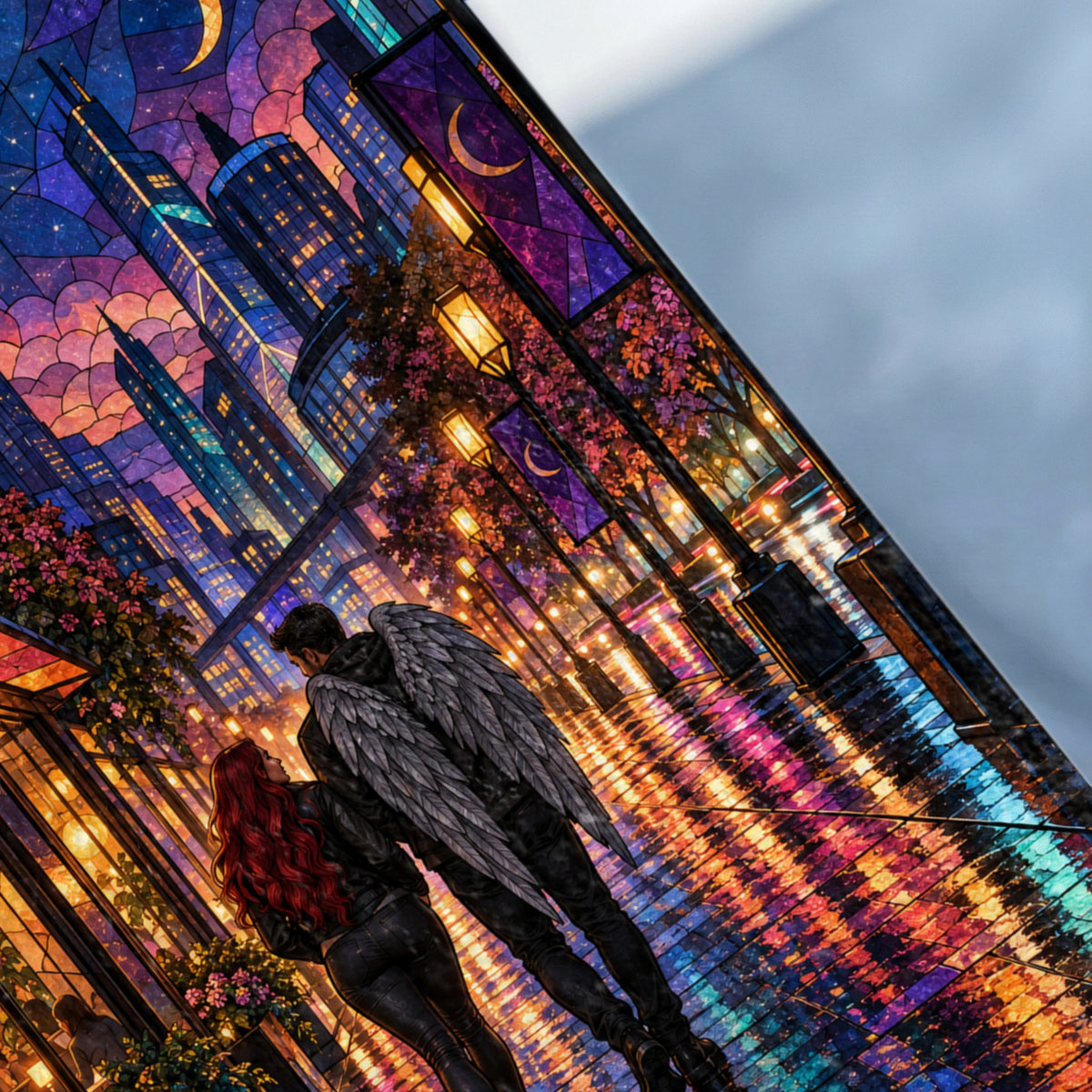 Stained glass city scene with winged figure and red-haired woman walking.