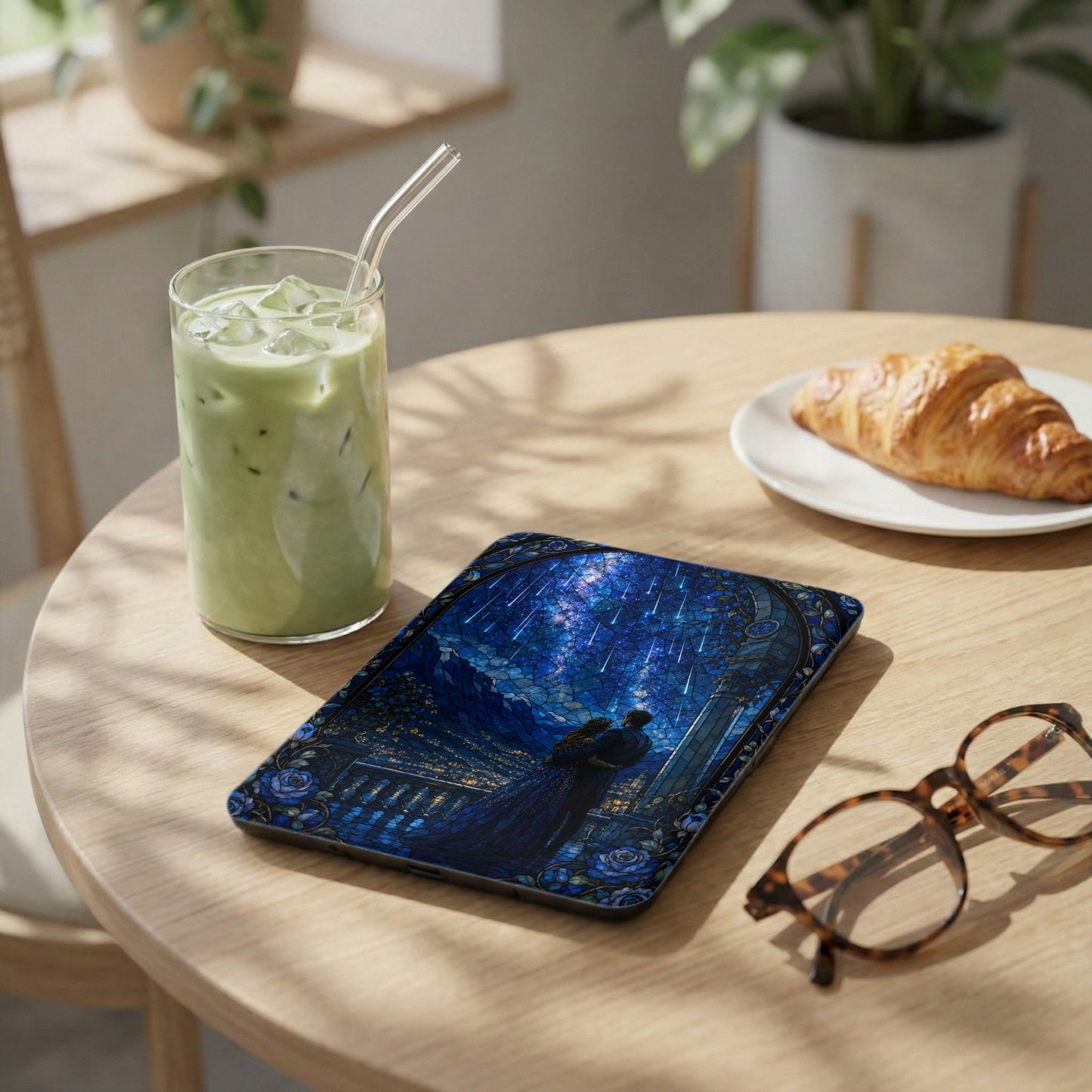 Tablet case with a stained glass design of a couple under a starry sky and roses.