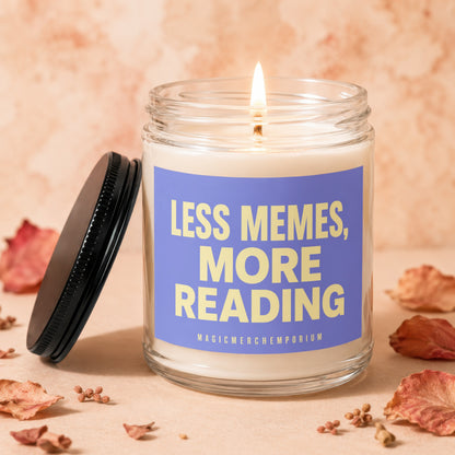 Glass jar candle with purple label reading "LESS MEMES, MORE READING".