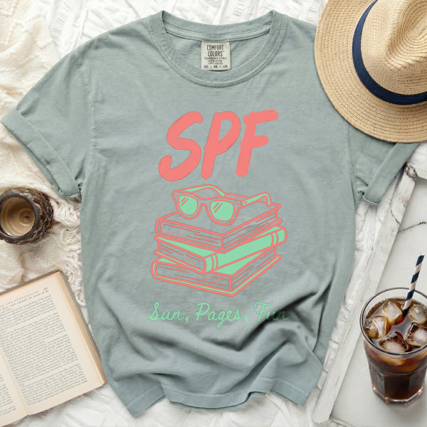 Sun, Pages, Fun Tee in Bay