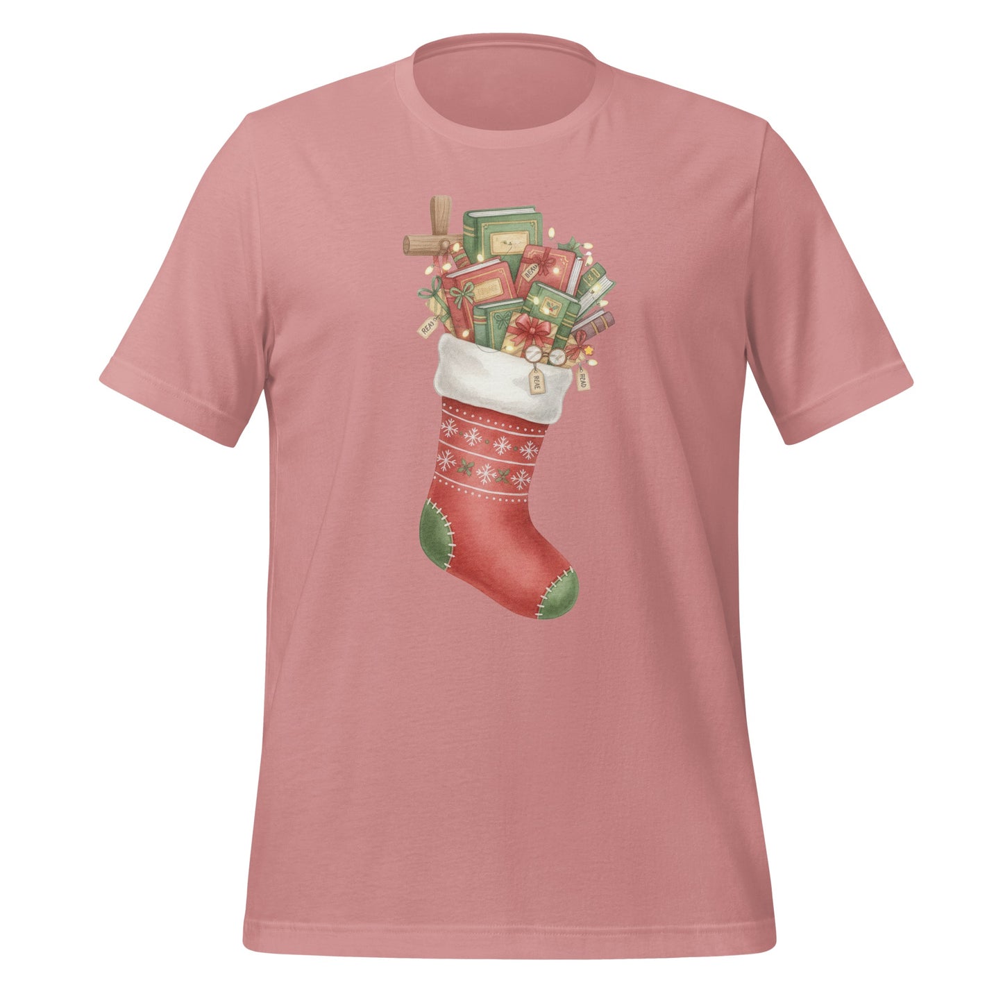 Festive Pink Tee with Christmas Stocking Design