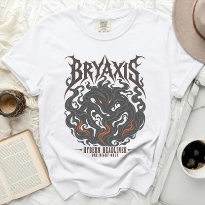 White t-shirt with Bryaxis Hybern Headliner design and fiery demon graphic.