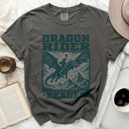 Dark grey t-shirt with "Dragon Rider Reader" text and illustration.