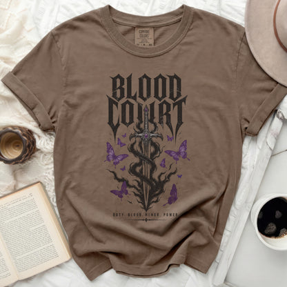 Brown t-shirt with "Blood Court" text and gothic sword with butterflies.