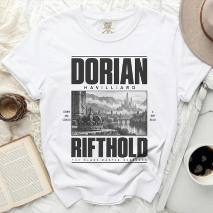 White t-shirt with "Dorian Havilliard" and "Rifthold The Glass Castle Sessions" text.