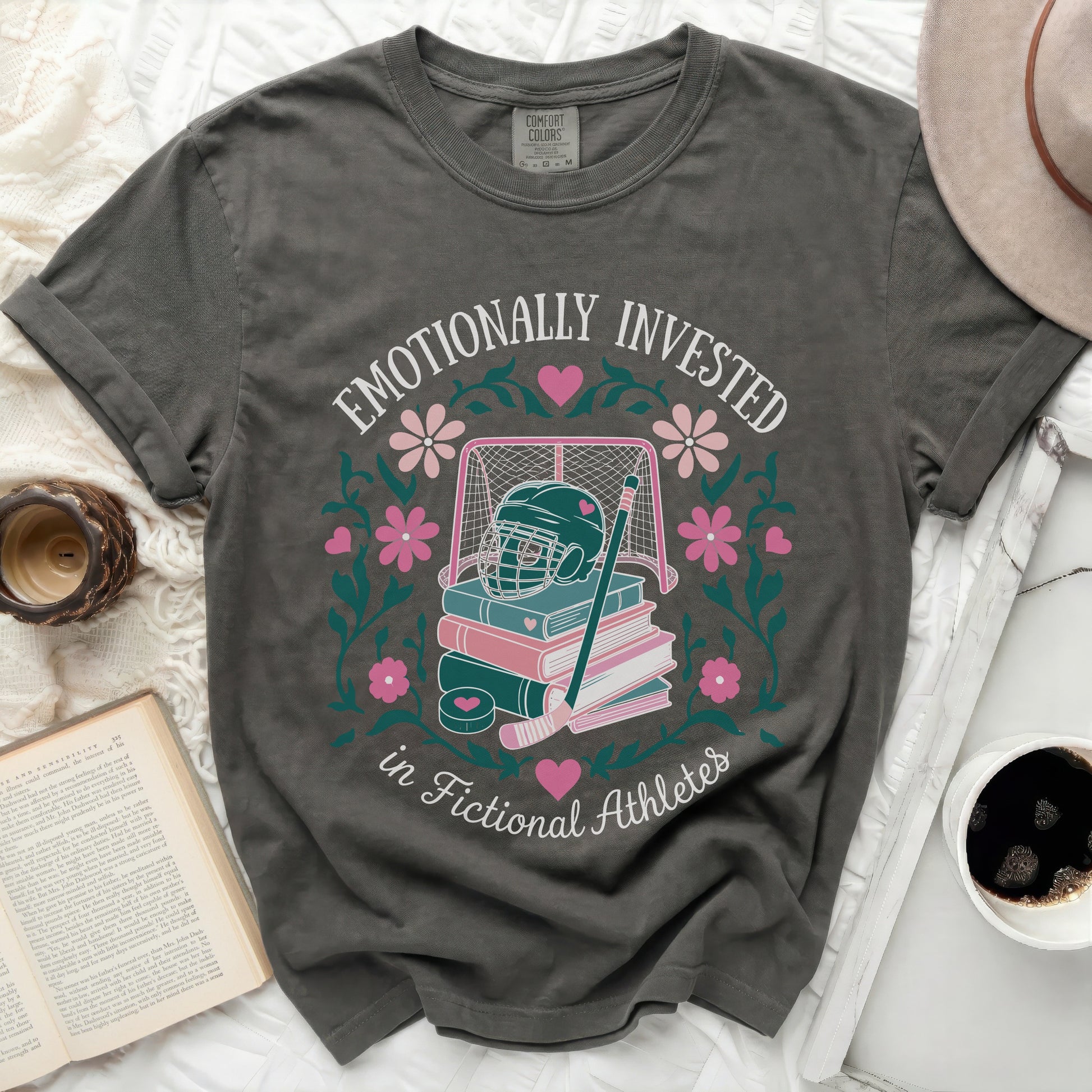Gray t-shirt with "Emotionally Invested in Fictional Athletes" and hockey motif.