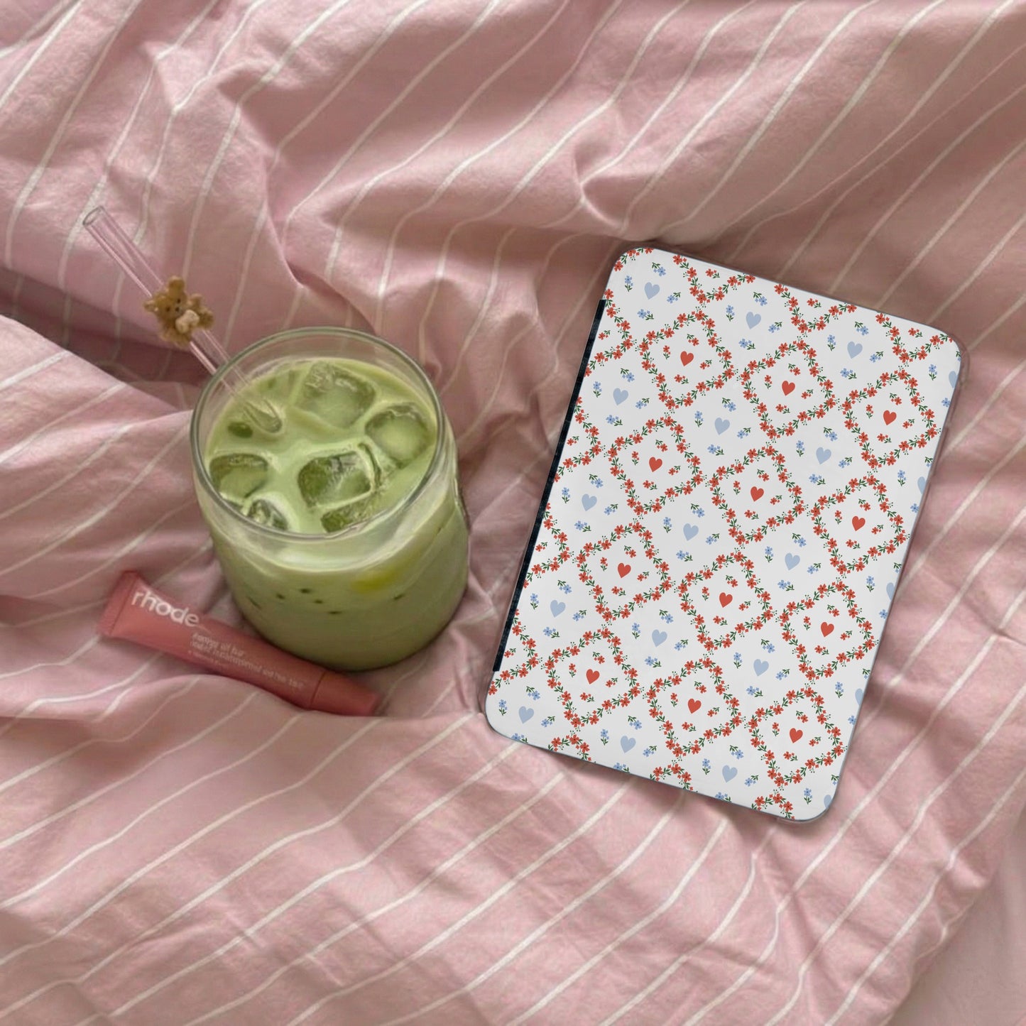 Floral Hearts and Squares Pattern Tablet Case