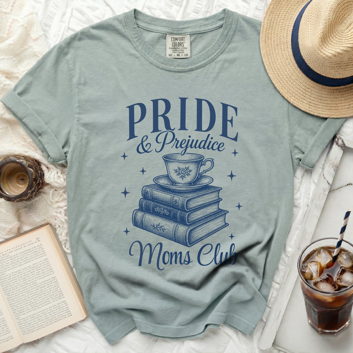 Pride & Prejudice Moms Club t-shirt with books and tea cup graphic.