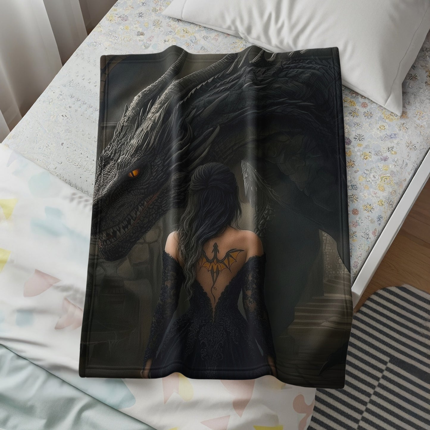 Dark Dragon and Woman Art in Mysterious Setting Blanket