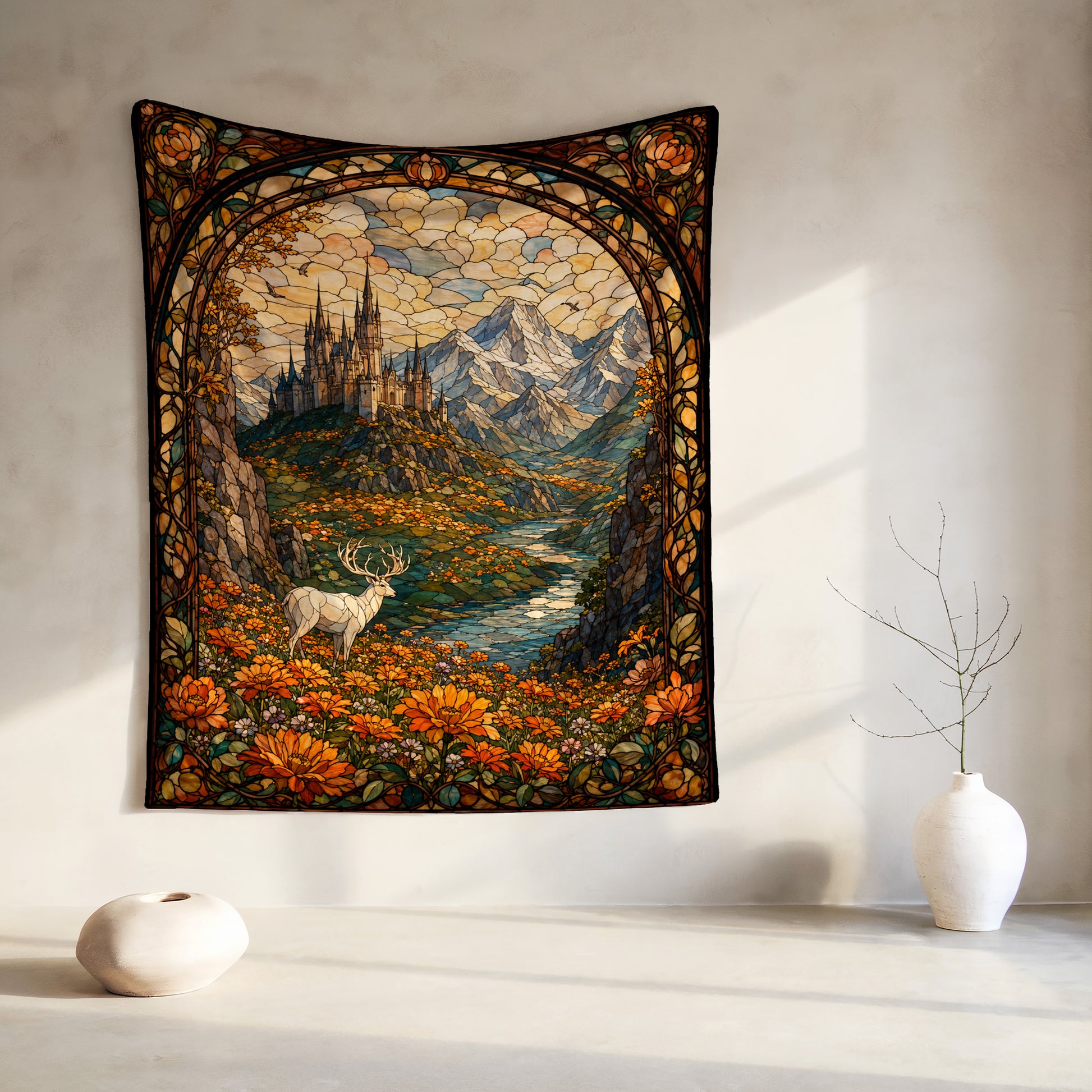 Deer in a field of flowers with a castle and mountains in the background.