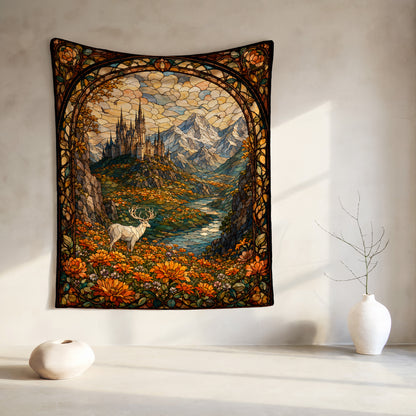 Deer in a field of flowers with a castle and mountains in the background.