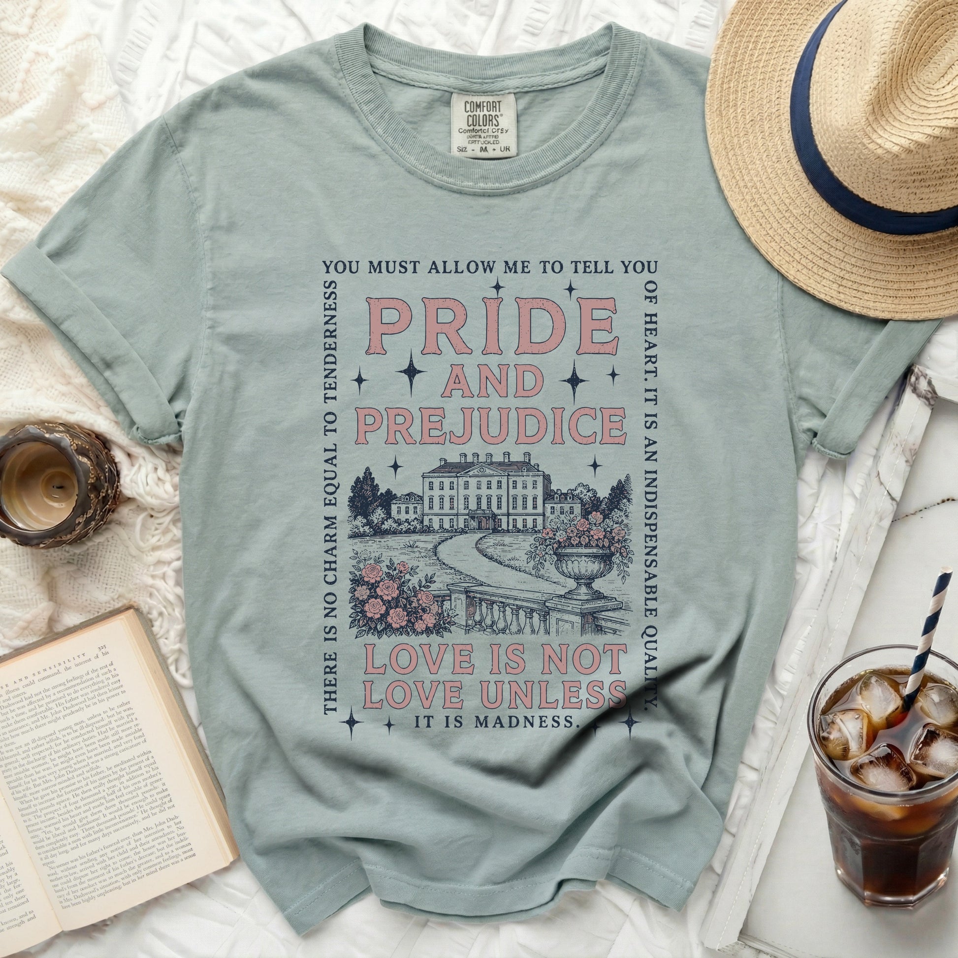 T-shirt with Pride and Prejudice quote and illustration of a manor.