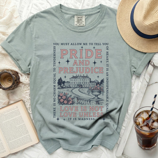 T-shirt with Pride and Prejudice quote and illustration of a manor.