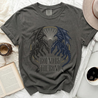 Dark grey t-shirt with black and blue dragons and text "Bound by the Bond".