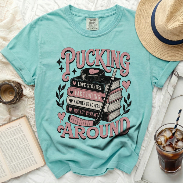Pucking Around Hockey Romance Tee in Island Reef