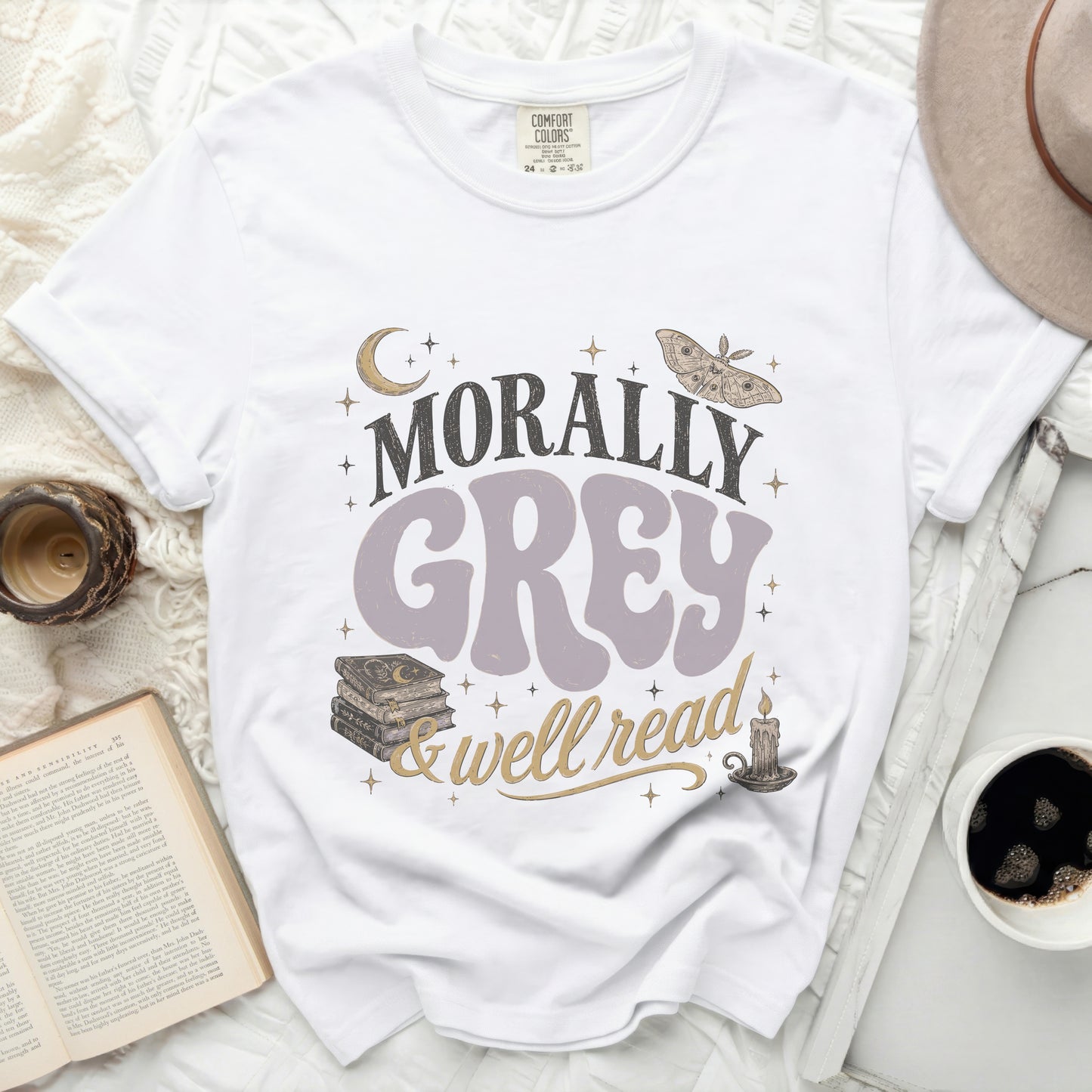 White t-shirt with "Morally Grey & Well Read" graphic.