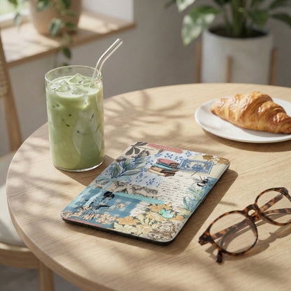 Book and floral patterned tablet case with iced matcha latte and croissant.