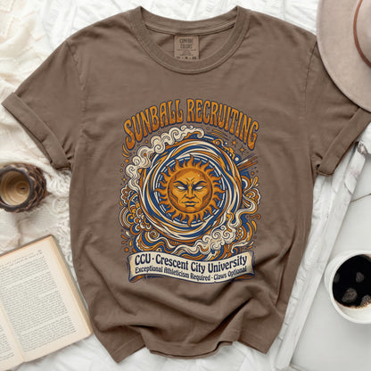Brown Comfort Colors t-shirt with "Sunball Recruiting CCU" graphic.