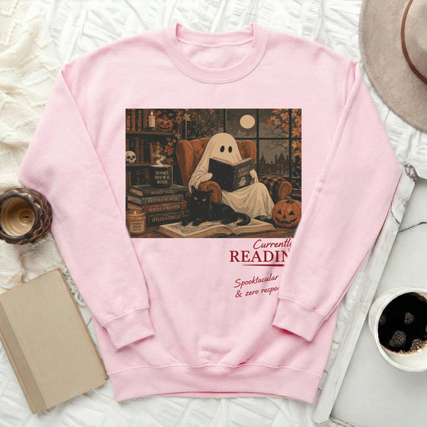 Cozy Ghost Reading Sweatshirt in Light Pink