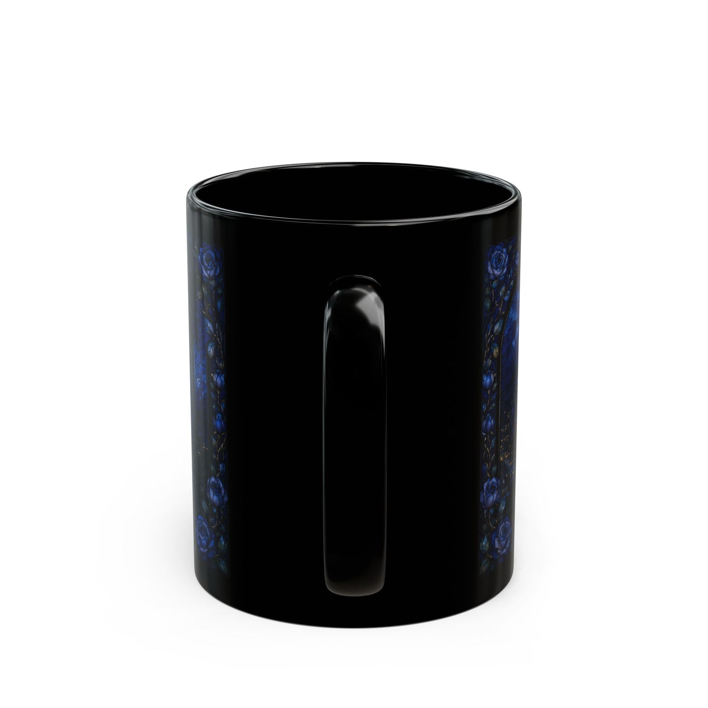 Black mug with ornamental blue roses and gold accents on the side.