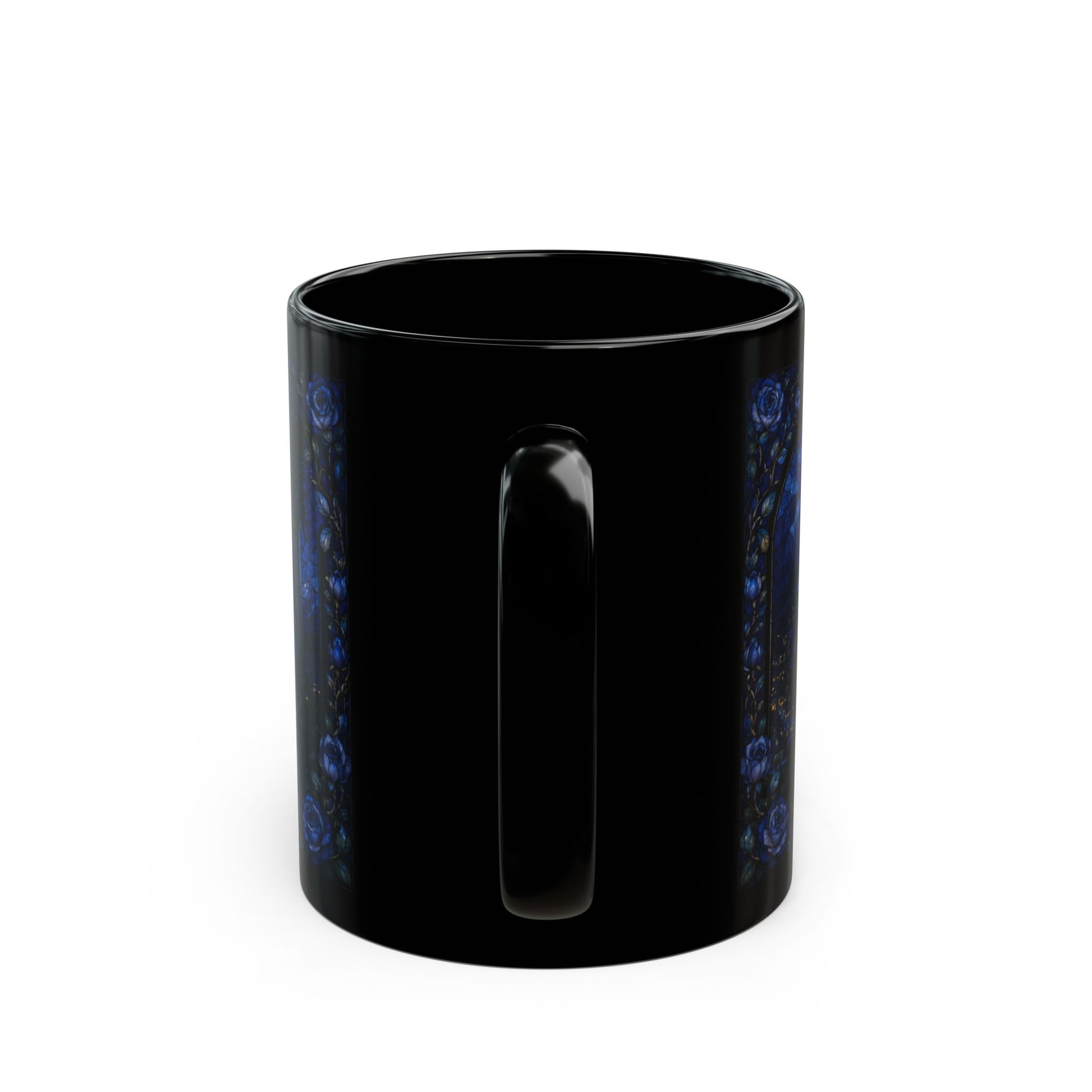 Black mug with ornamental blue roses and gold accents on the side.