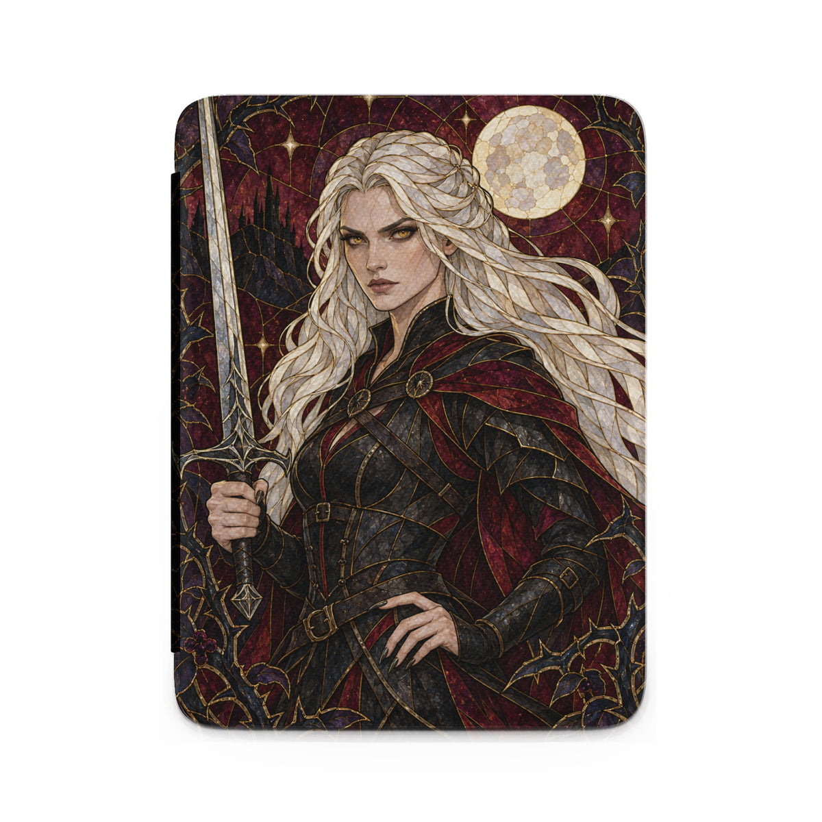 Stained glass art of a blonde warrior woman holding a sword under a moon.