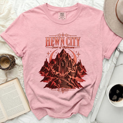 Pink t-shirt with "HEWN CITY Court of Nightmares no visitors" graphic.