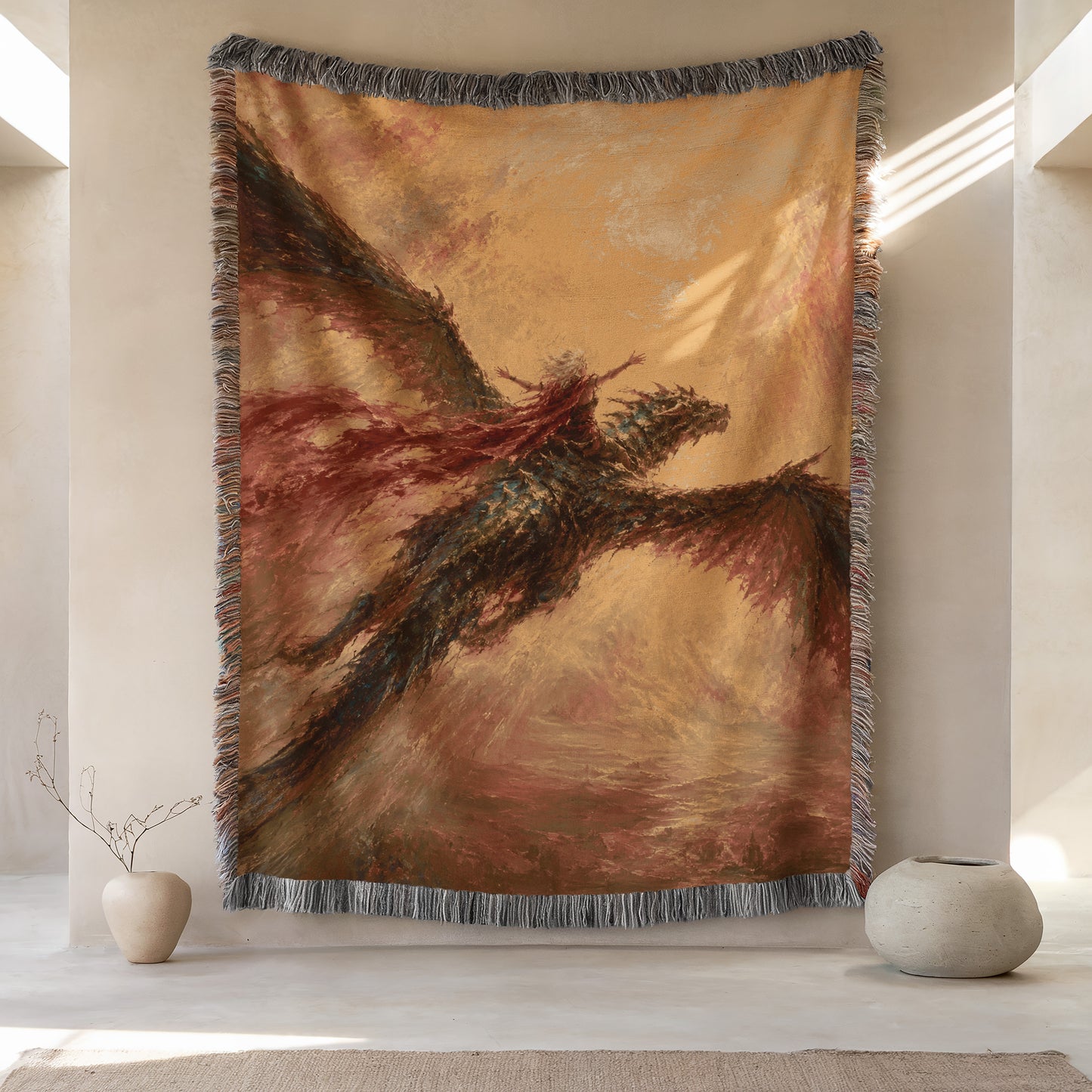 a large tapestry hanging on a wall, depicting a dragon-like creature with vibrant colors and intricate details. The tapestry is framed by a decorative border, and there are two small vases placed on either side of the tapestry, adding to the overall aesthetic of the room.