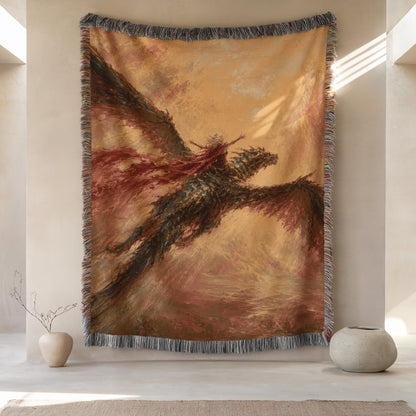 a large tapestry hanging on a wall, depicting a dragon-like creature with vibrant colors and intricate details. The tapestry is framed by a decorative border, and there are two small vases placed on either side of the tapestry, adding to the overall aesthetic of the room.