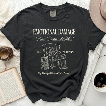 T-shirt with "Emotional Damage From Fictional Men! This & Tears" text.