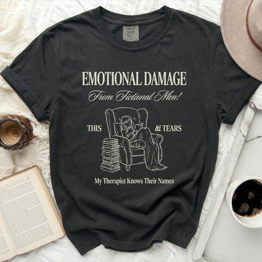 T-shirt with "Emotional Damage From Fictional Men! This & Tears" text.