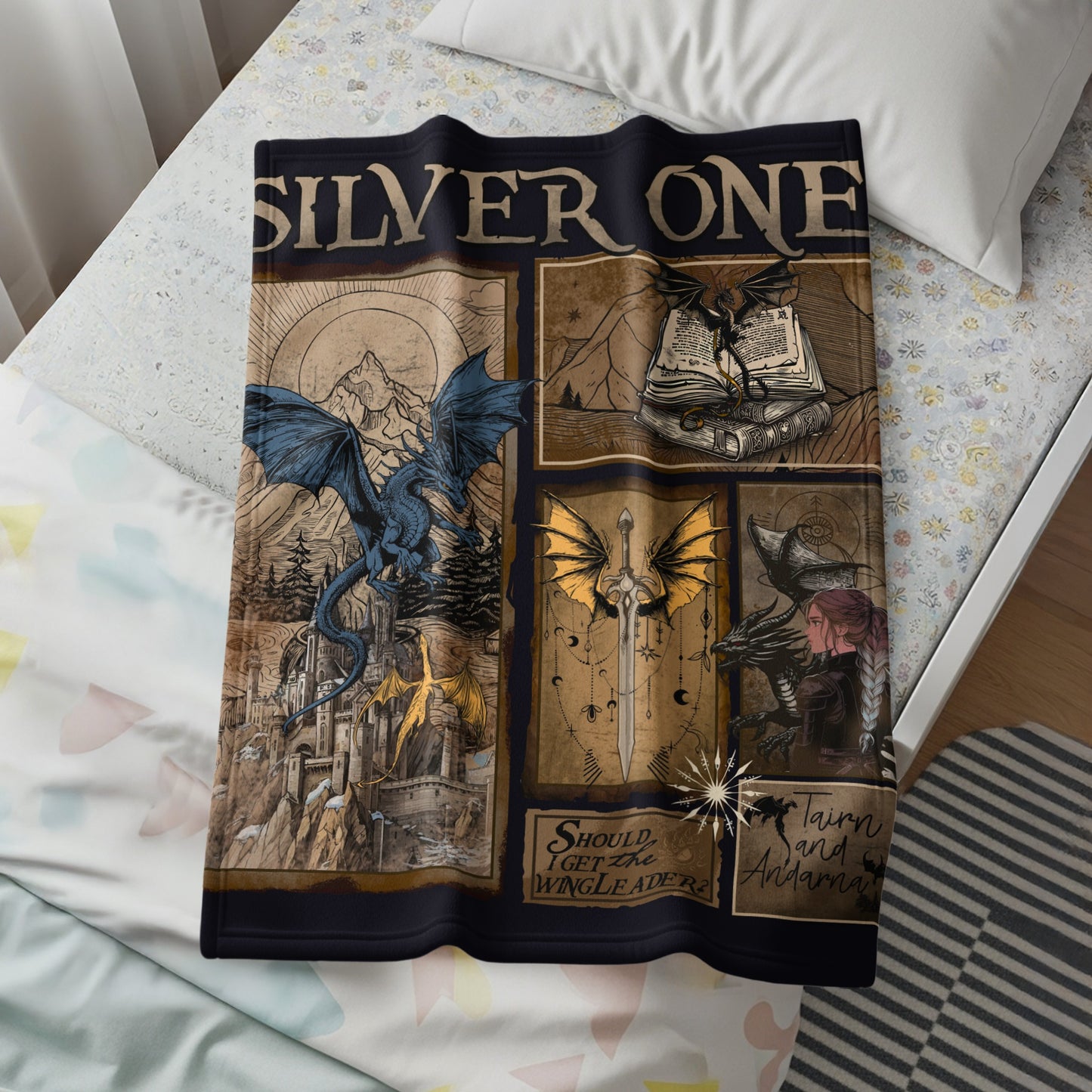 Silver One Wing Leader Sword and Dragon Illustration Blanket