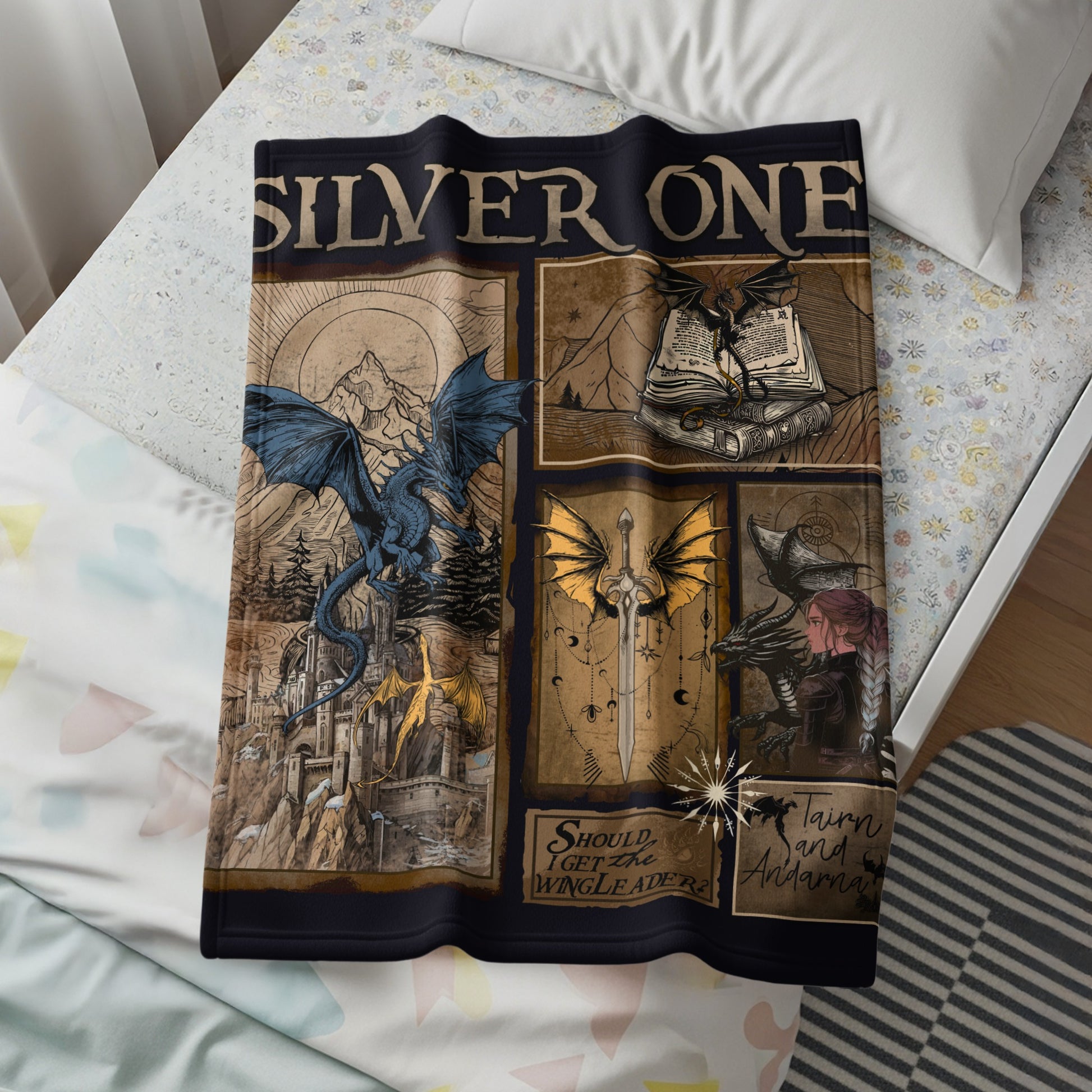 Silver One Wing Leader Sword and Dragon Illustration Blanket