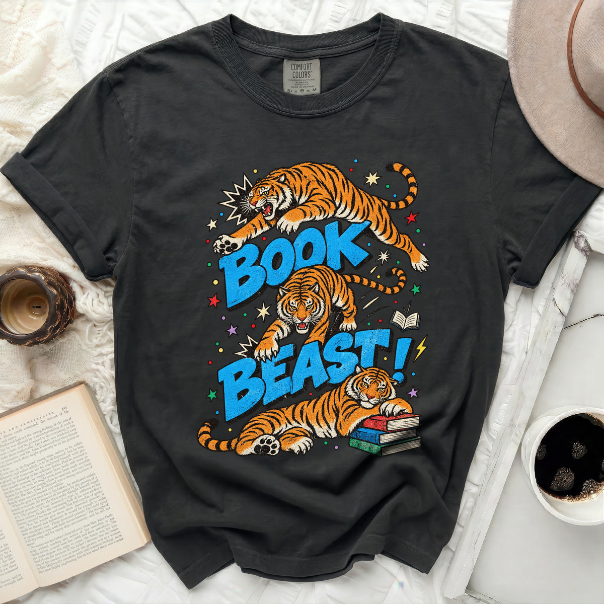 Black t-shirt with three tigers and text "BOOK BEAST!"