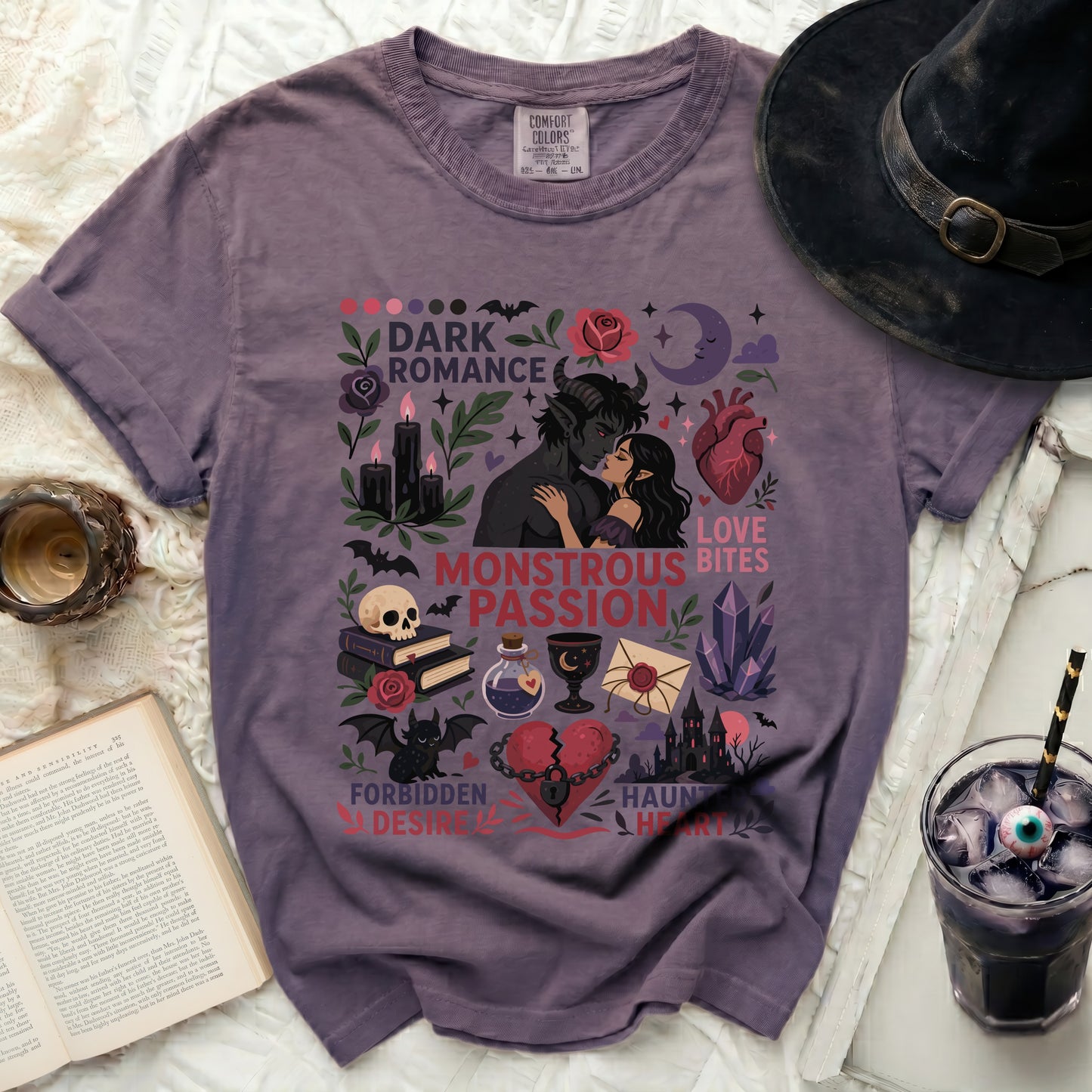Dark Romance Monstrous Passion shirt with gothic illustrations and text.