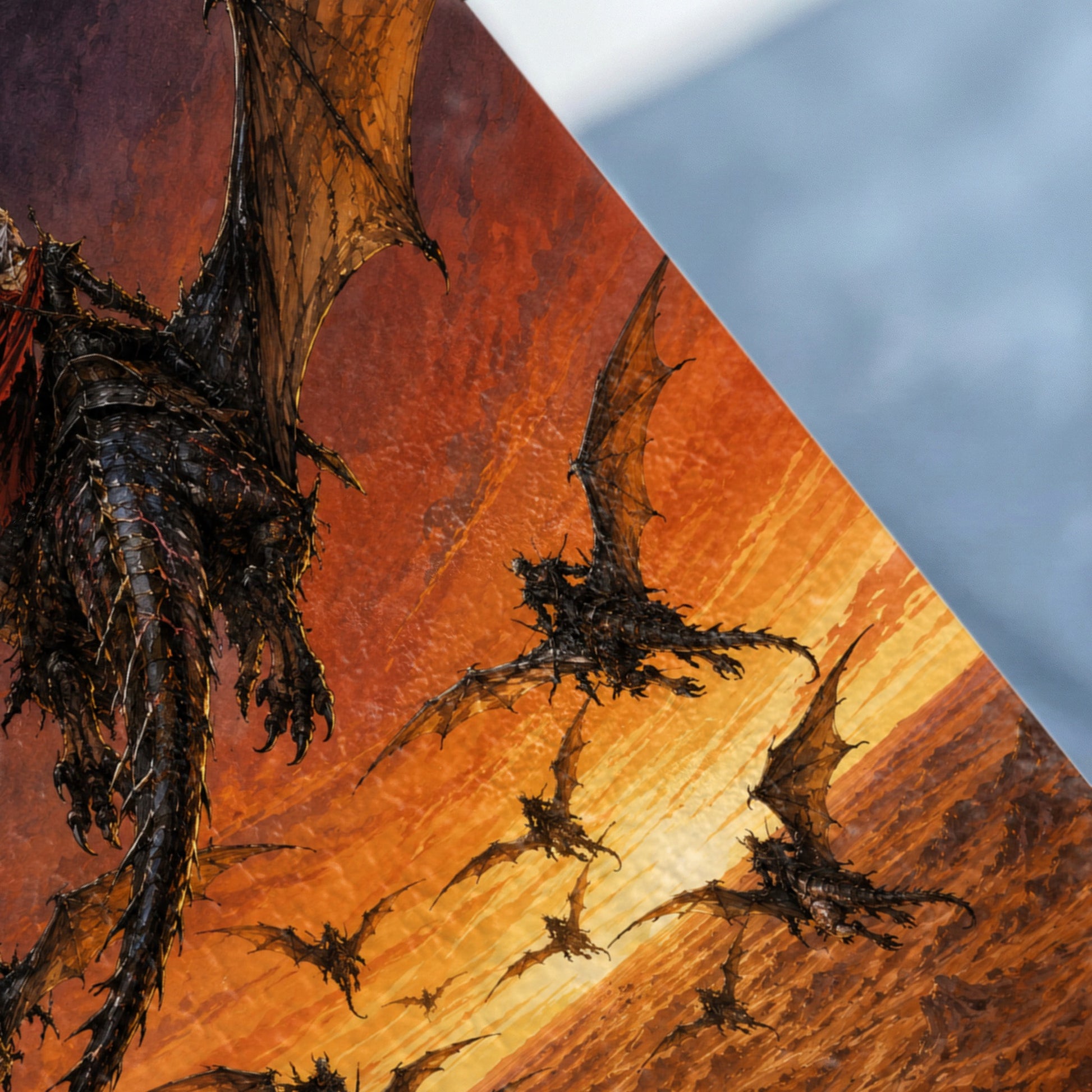 Illustration of many dragons in flight against an orange and yellow sky.