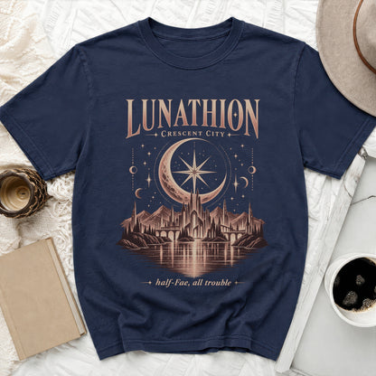 Navy t-shirt with "Lunathion Crescent City" and a fantastical city graphic.