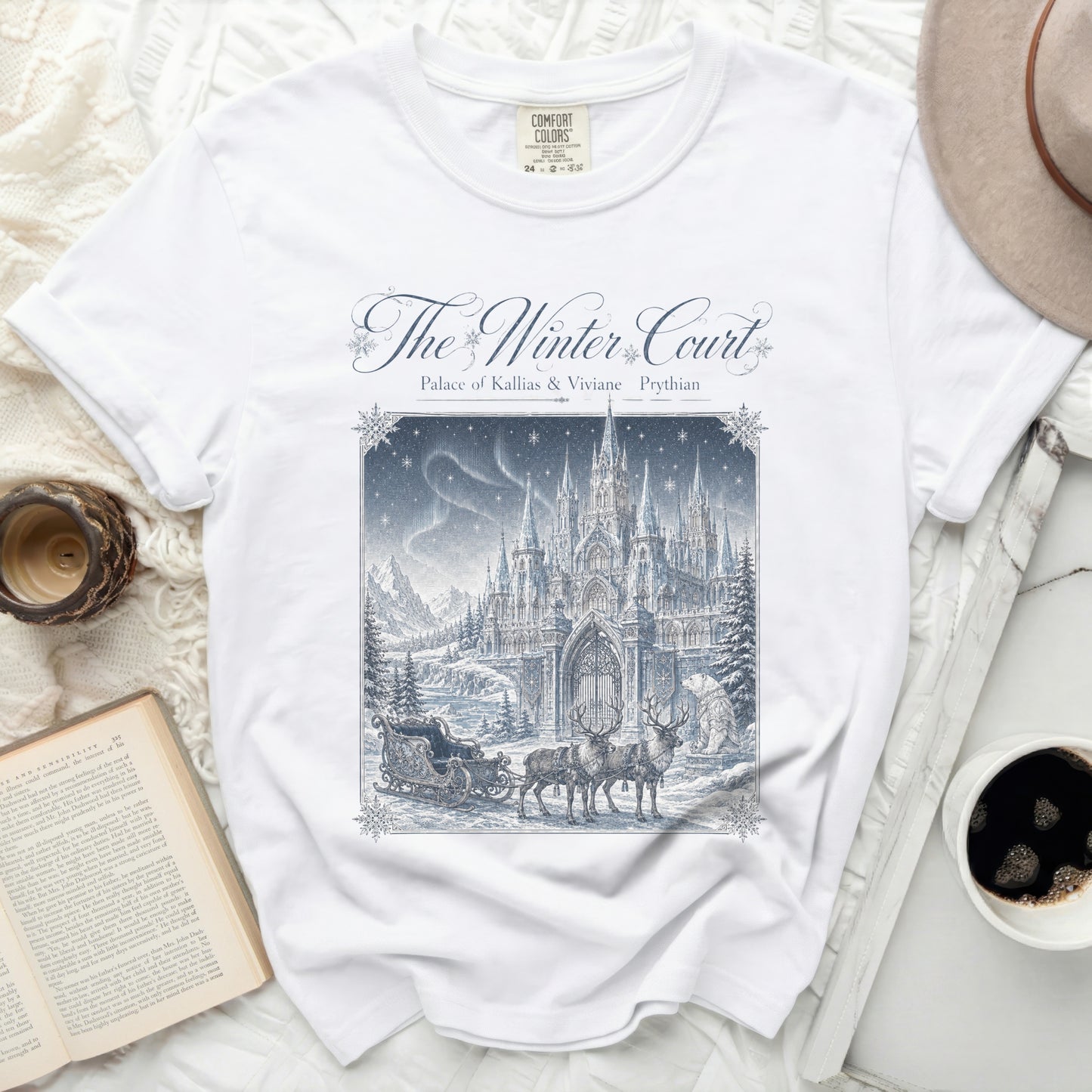 White Comfort Colors t-shirt with "The Winter Court" design.