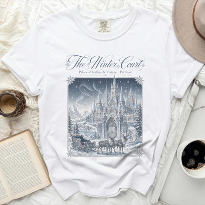 White Comfort Colors t-shirt with "The Winter Court" design.