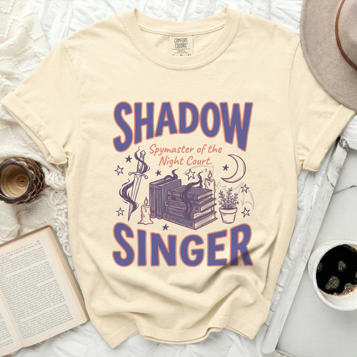 Shadow Singer t-shirt with Spymaster of the Night Court graphic.