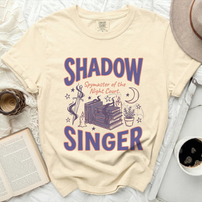 Shadow Singer t-shirt with Spymaster of the Night Court graphic.