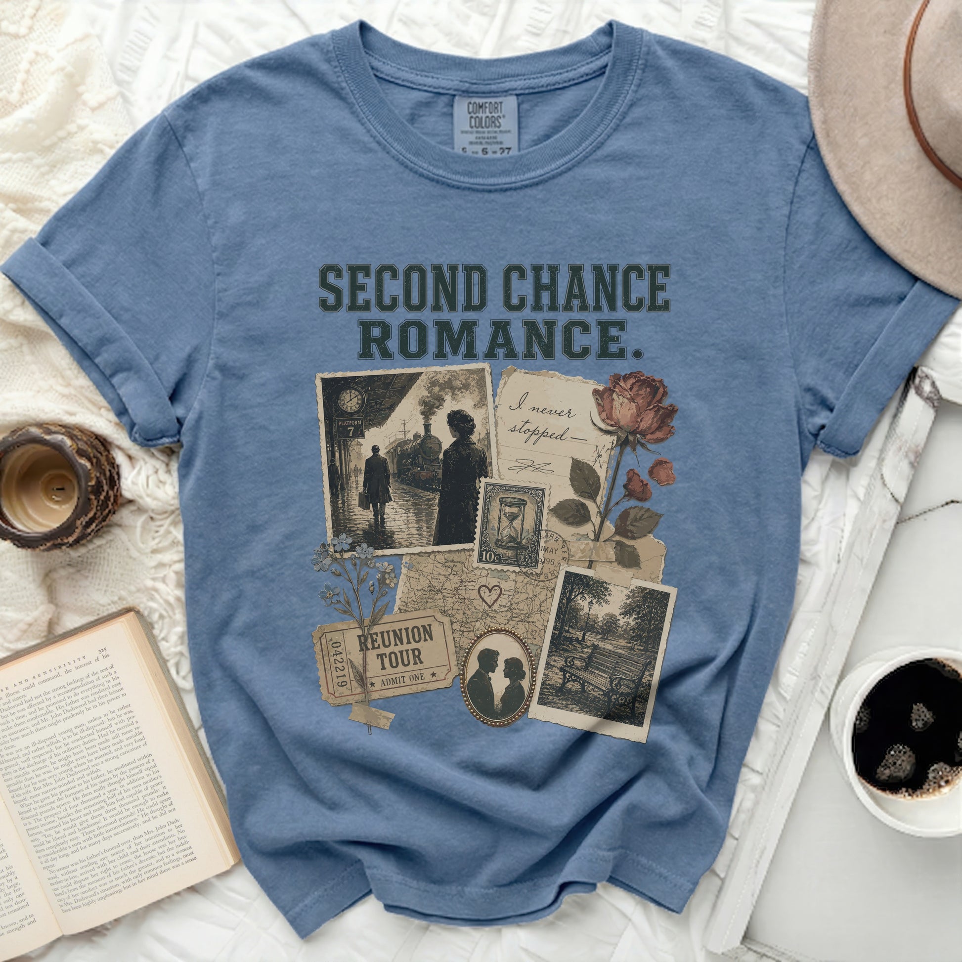 Blue t-shirt with "Second Chance Romance" and vintage collage designs.