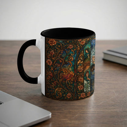 White mug with black interior and handle, decorated with a stained glass design.