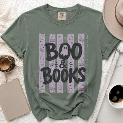 Green t-shirt with "Boo & Books" text and ghost graphics on striped background.