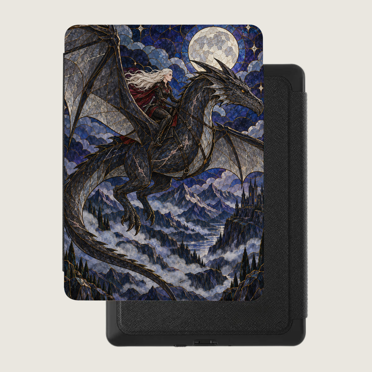 Dragon and rider soar over misty mountains and castle under a full moon.