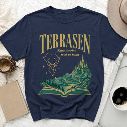Navy t-shirt with Terrasen, constellation, and castle artwork.