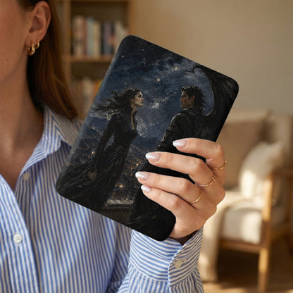 Tablet case with dark starry sky, winged figure, and woman over city lights