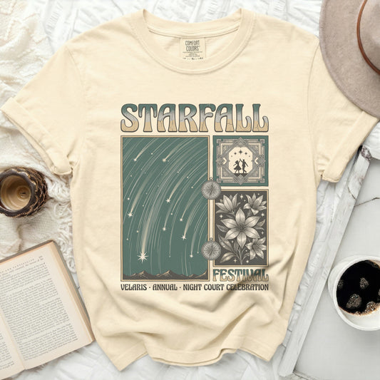 Starfall Festival t-shirt with celestial, floral, and dancing couple graphics.